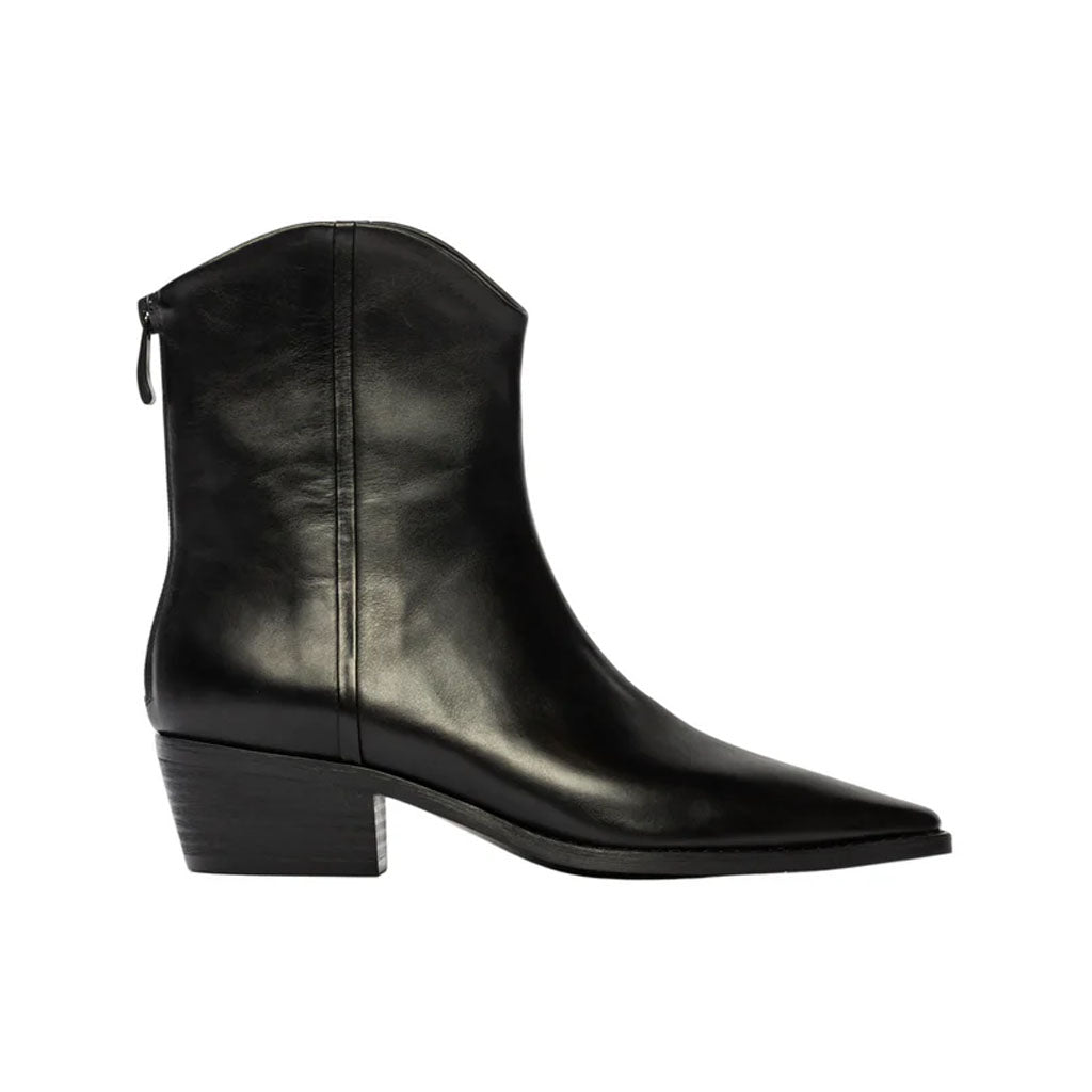 Side view of Reed black leather ankle boot showcasing pointed snip toe and stacked angled heel on white background