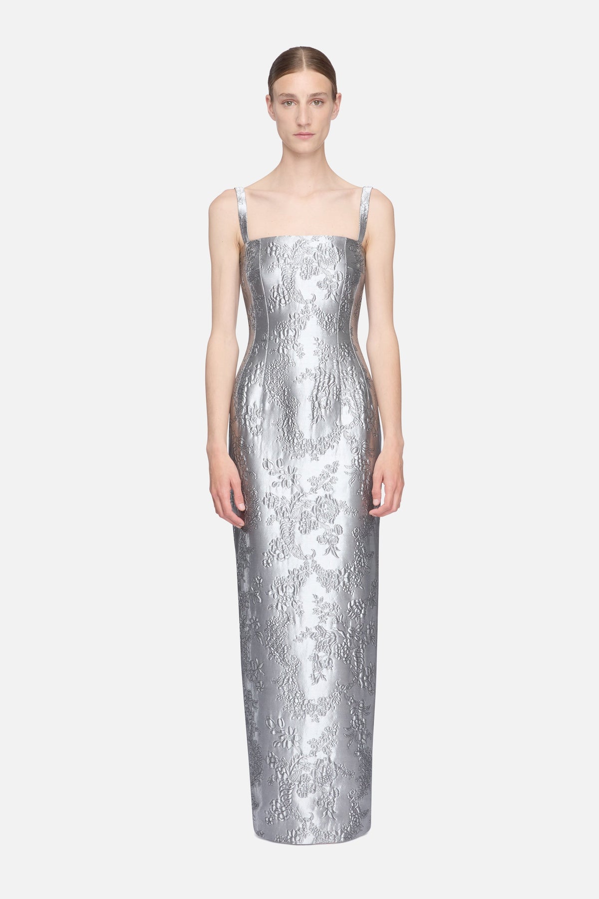 Regina Dress in Silver Metallic Cloque
