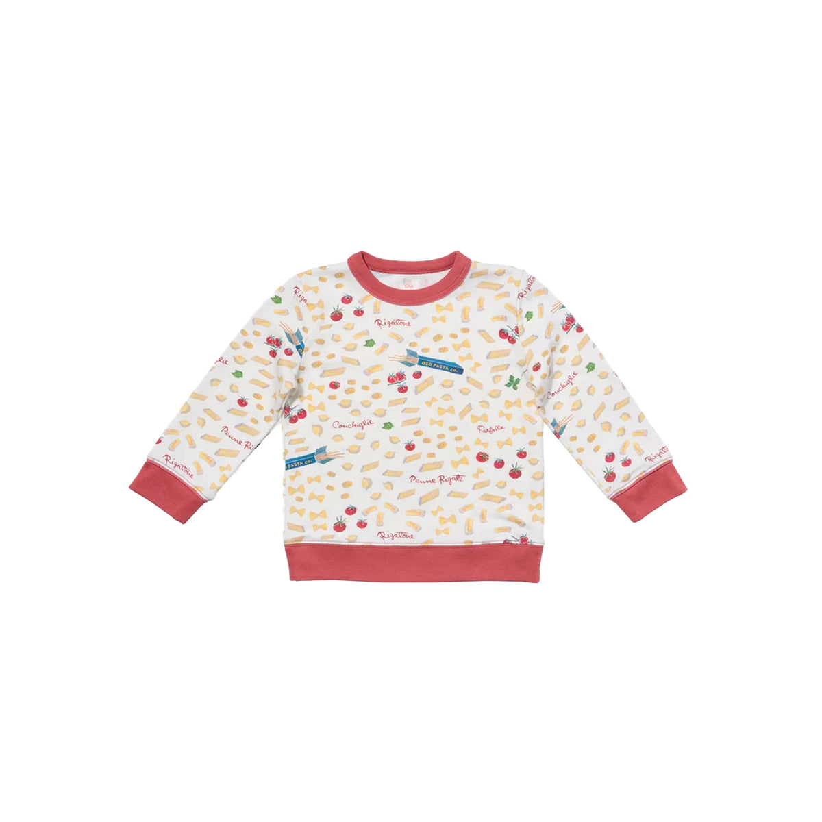 Front view of Remy Sweatshirt in Basta Pasta showcasing pasta and tomato print with rose-red contrast trim on a white background