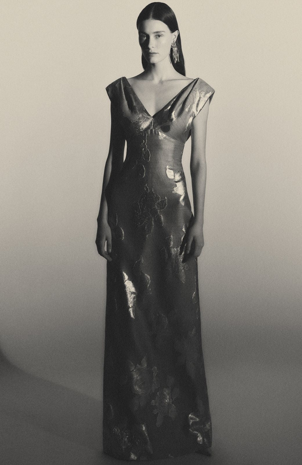 Floral Fil Coupe V-Neck Gown in Silver & Grey