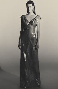 Floral Fil Coupe V-Neck Gown in Silver & Grey