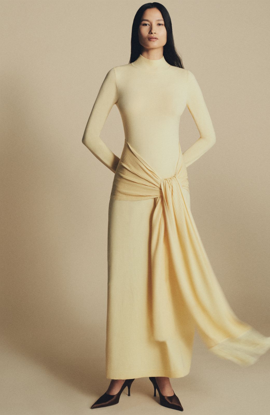 Merino Wool Knit Mock Neck Wrap Dress in Sunlight