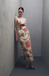 Floral Velvet Draped Bust Sheath in Pink Multi