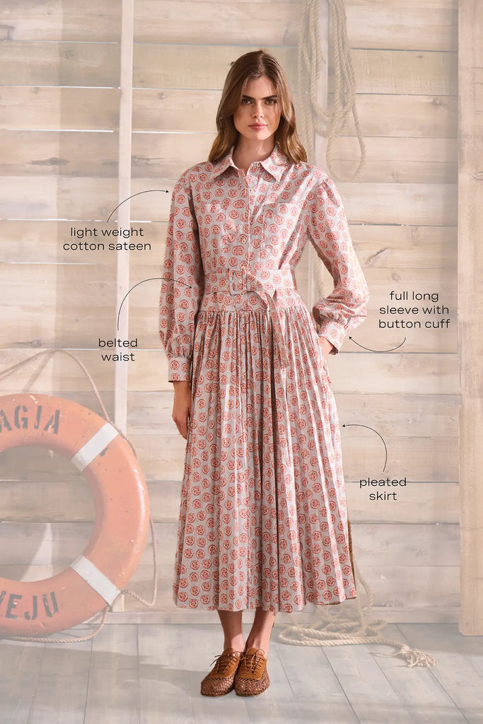 Shirtdress in lightweight cotton sateen with a sunburst circle skirt & voluminous sleeves