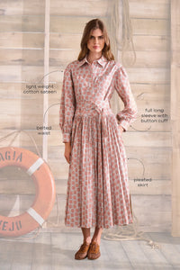 Shirtdress in lightweight cotton sateen with a sunburst circle skirt & voluminous sleeves