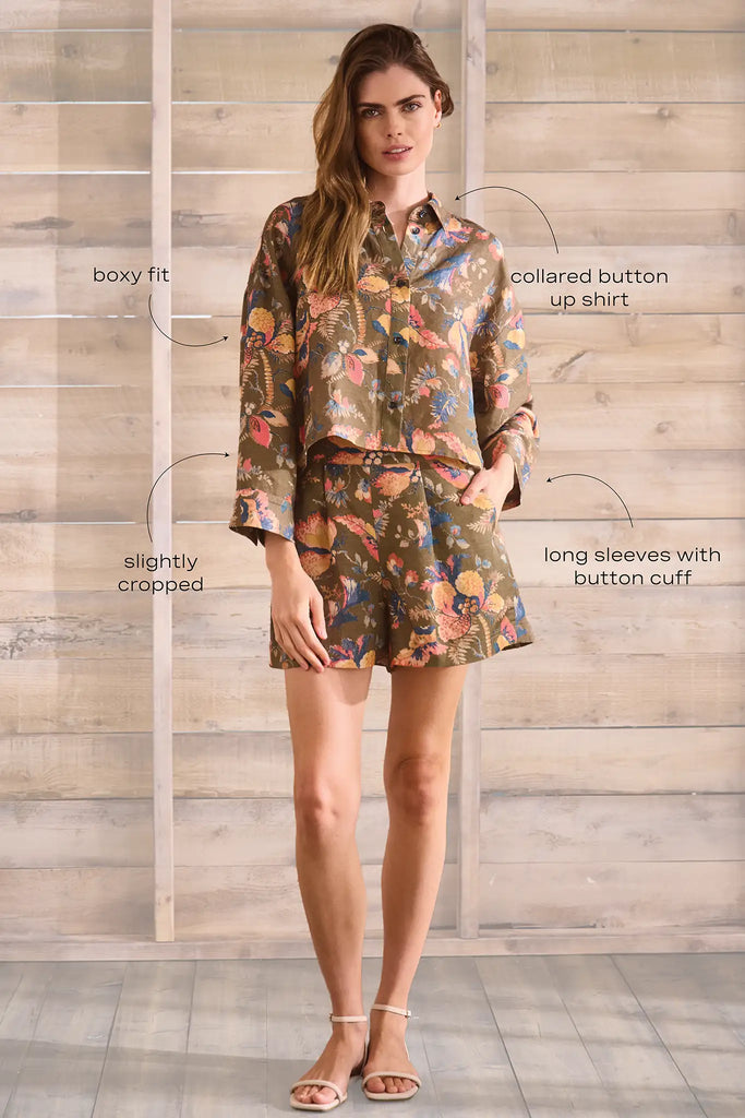 Olive Floral print, boxy collared shirt with button front and wide cropped sleeves, and oversized.