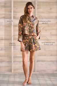 Olive Floral print, boxy collared shirt with button front and wide cropped sleeves, and oversized.