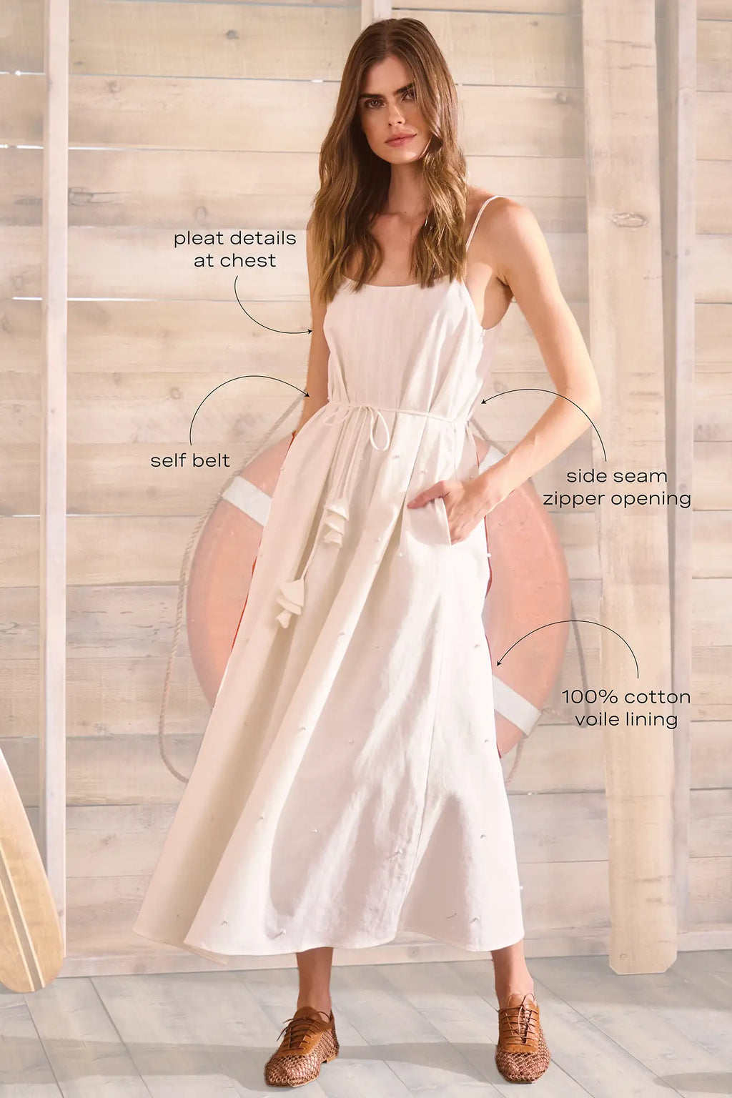 Ivory cotton-linen pearl embellished maxi dress with slim spaghetti straps and optional tie waist.