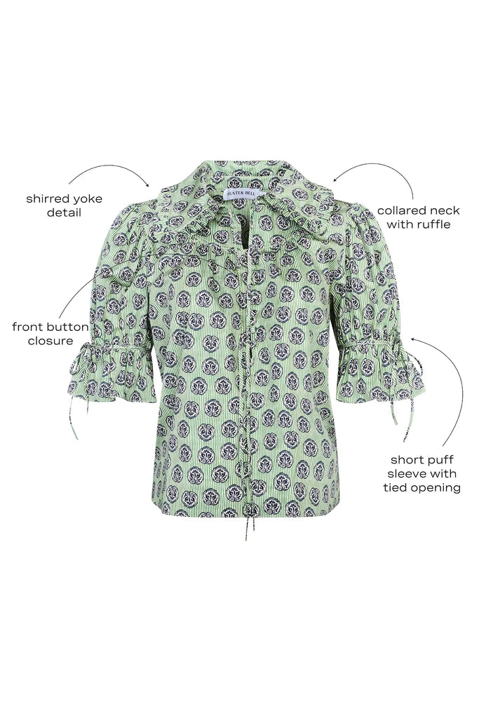 Navy Bird Block lightweight cotton sateen blouse with a relaxed collared silhouette & pintuck detail