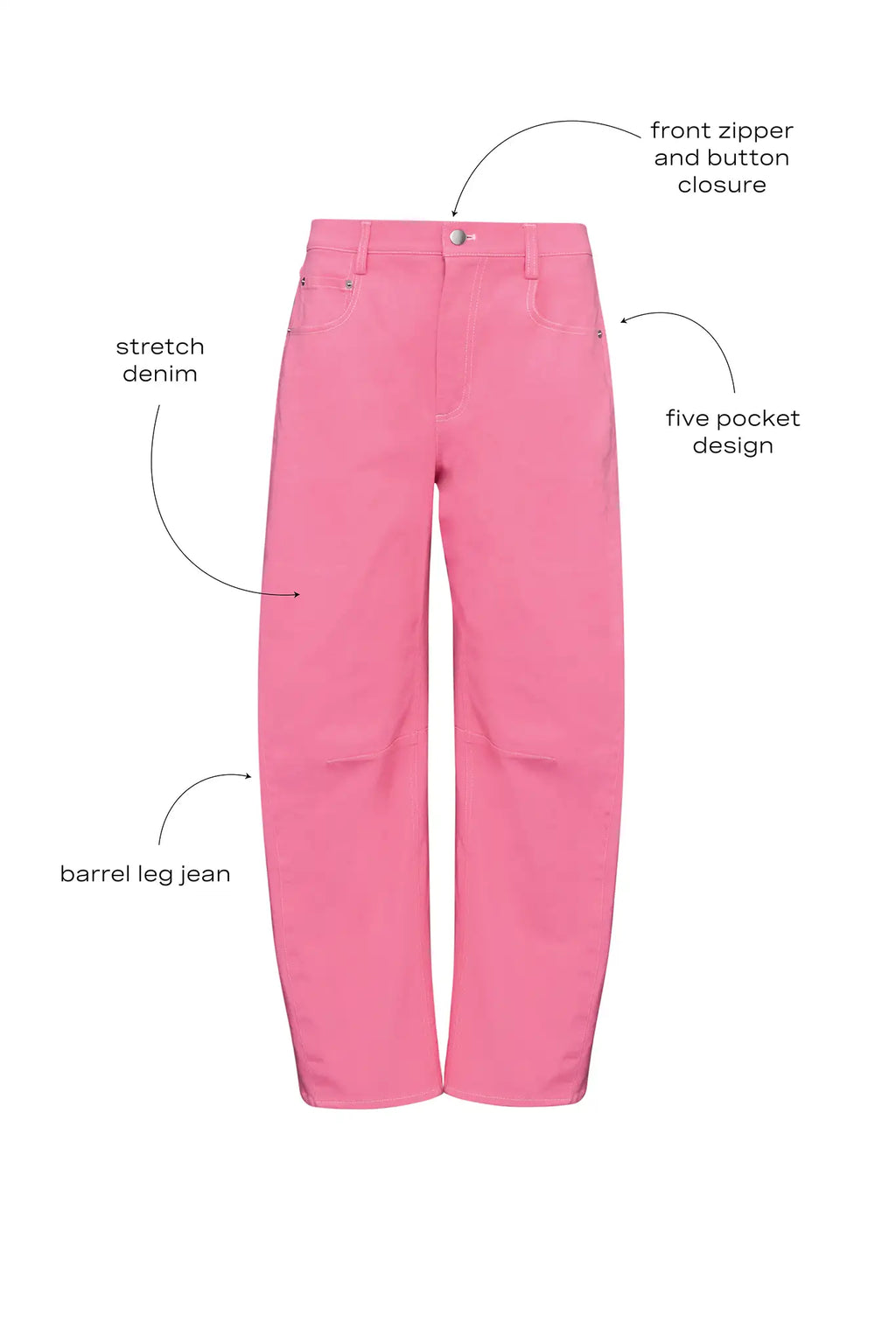 Peony stretch denim barrel leg jeans with five-pocket styling.