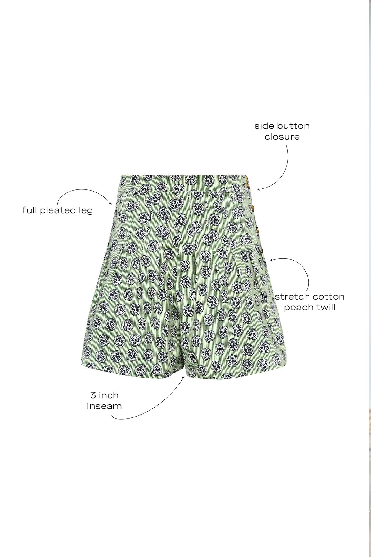 Stretch sateen pleated shorts with a banded waist in Navy Bird Block print.