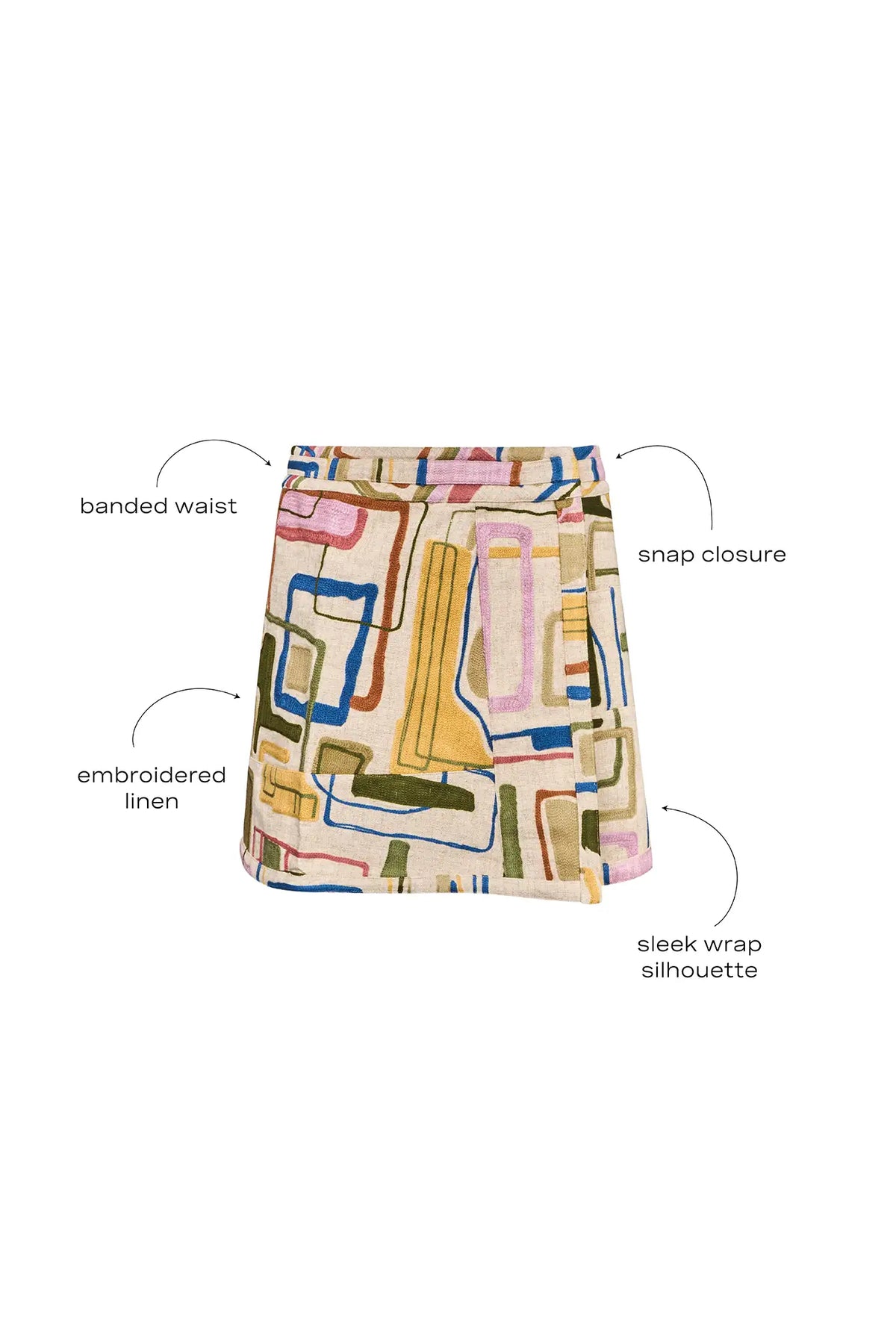 Skirt with a banded waist and sleek wrap silhouette with discreet snap closure.