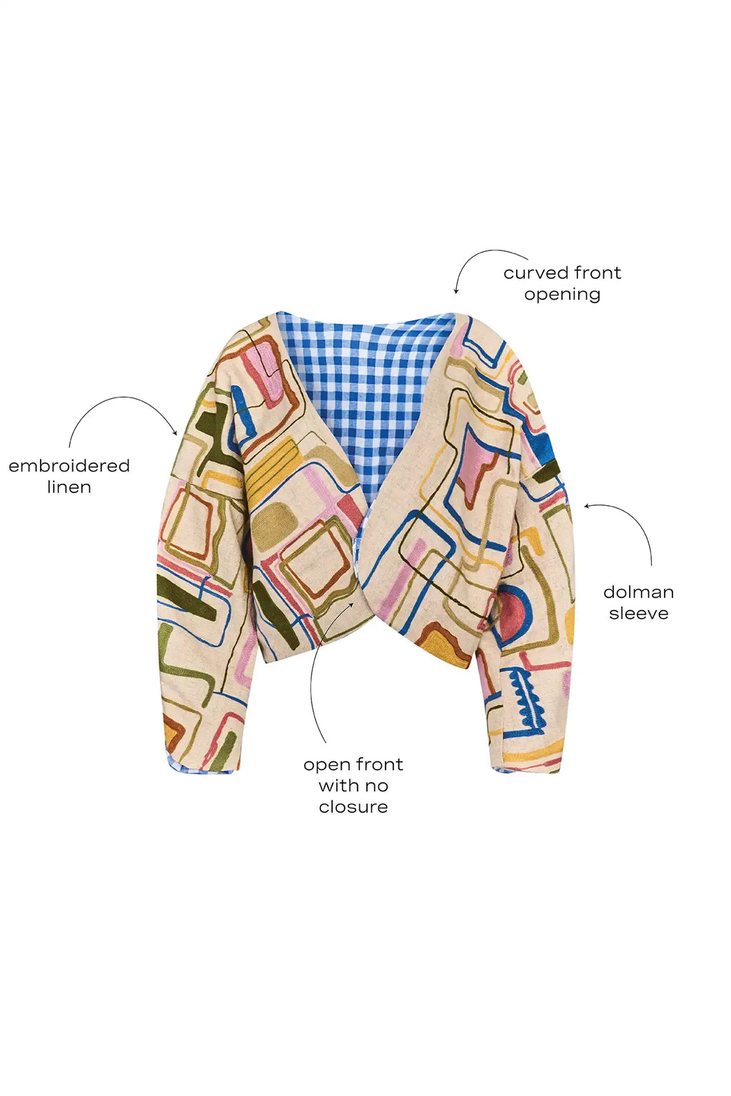 Throw-on jacket with curved, open front, and dolman sleeves.