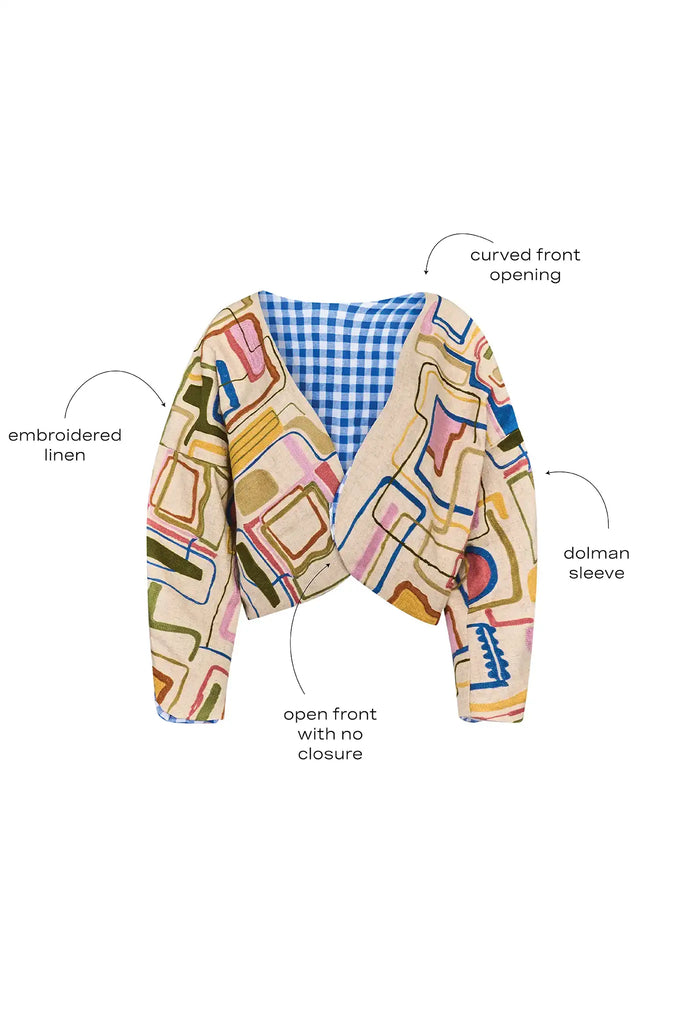 Throw-on jacket with curved, open front, and dolman sleeves.