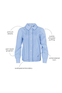 Blue and white gingham button down with a button front placket, shoulder puffing, and pintuck detail