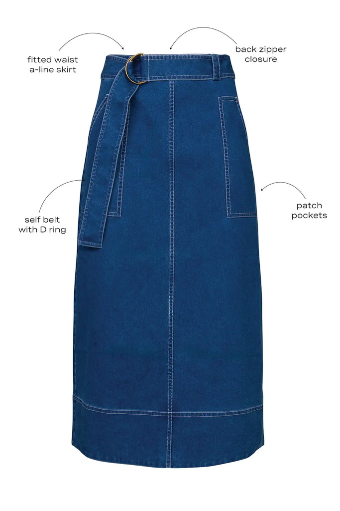 Denim midi skirt framed by patch pockets with crisp topstitching and a removable belt with a D-ring.
