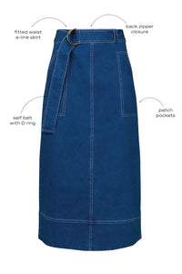 Denim midi skirt framed by patch pockets with crisp topstitching and a removable belt with a D-ring.