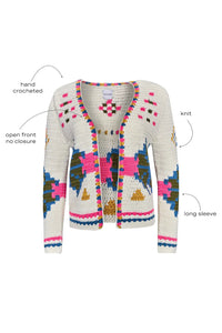 Pink Multi hand-crocheted cardigan, long sleeves, and easy open front.
