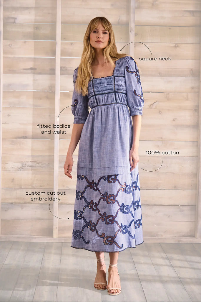 Embroidered Midi Dress with a square neckline, crochet lace tracing the bodice, skirt, and sleeves.