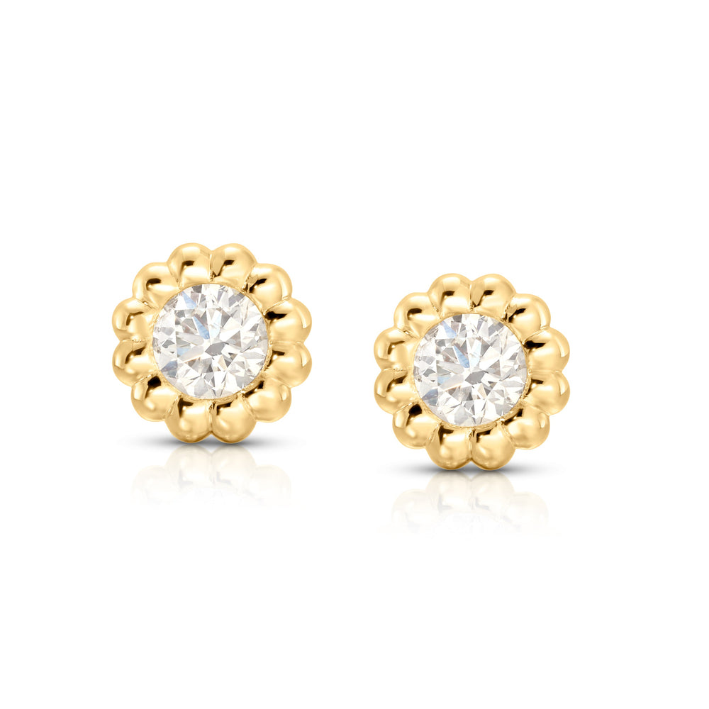 Front view of Reverie Studs showing 1.00 ct round diamonds set in 14k yellow gold fluted bezel on white background