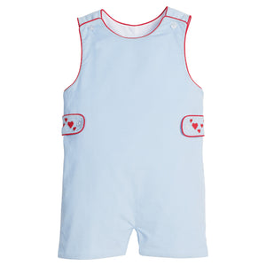Little English, toddler boy's light blue John John with red piping and embroidered red hearts at the side tabs for Valentines