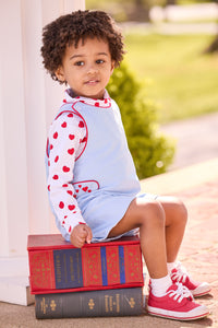 Little English, toddler boy's light blue John John with red piping and embroidered red hearts at the side tabs, printed turtleneck with heart pattern, outfit for Valentines