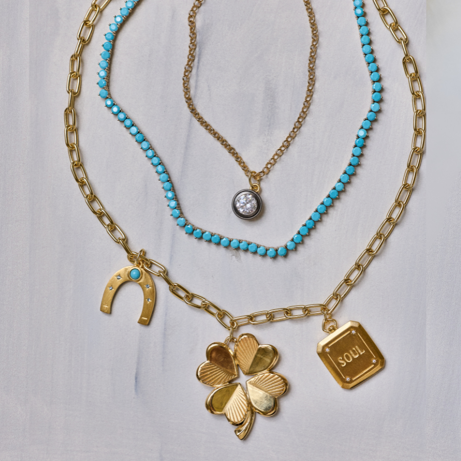 Rhodium Bezel Charm Necklace, Turquoise Tennis Necklace, Heritage Chain with Law of Attraction Magnet, Luck & Love Clover, Soul & Ego Charm