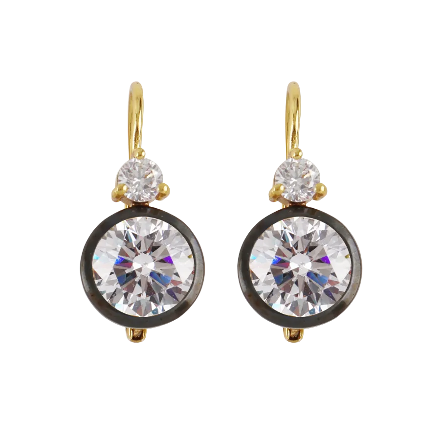 Front view of Rhodium Double Bezel Drop Earrings with stacked cubic zirconia stones in dark rhodium bezels on white