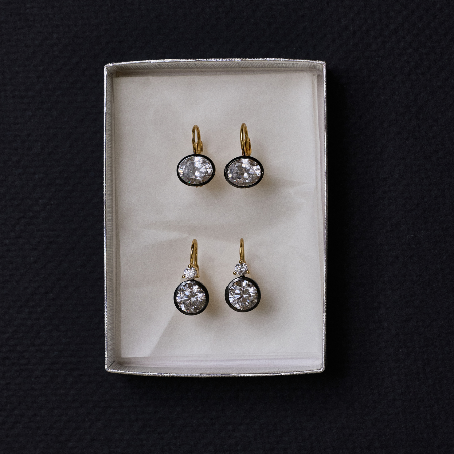 Top-down view of Rhodium Oval Bezel Drop Earrings showcasing oval stones in dark rhodium bezels inside a display box
