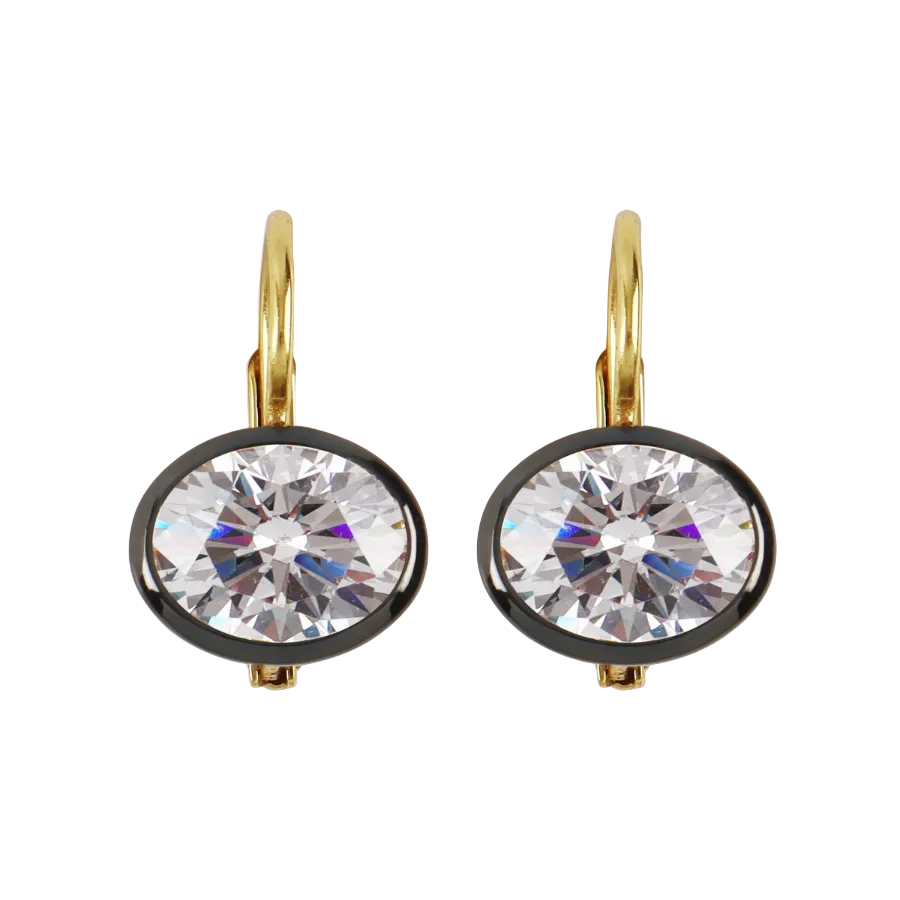 Front view of Rhodium Oval Bezel Drop Earrings showcasing oval lab-created stones in dark rhodium bezels on white background