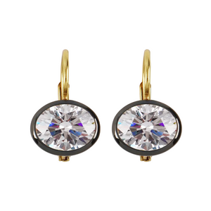 Front view of Rhodium Oval Bezel Drop Earrings showcasing oval lab-created stones in dark rhodium bezels on white background