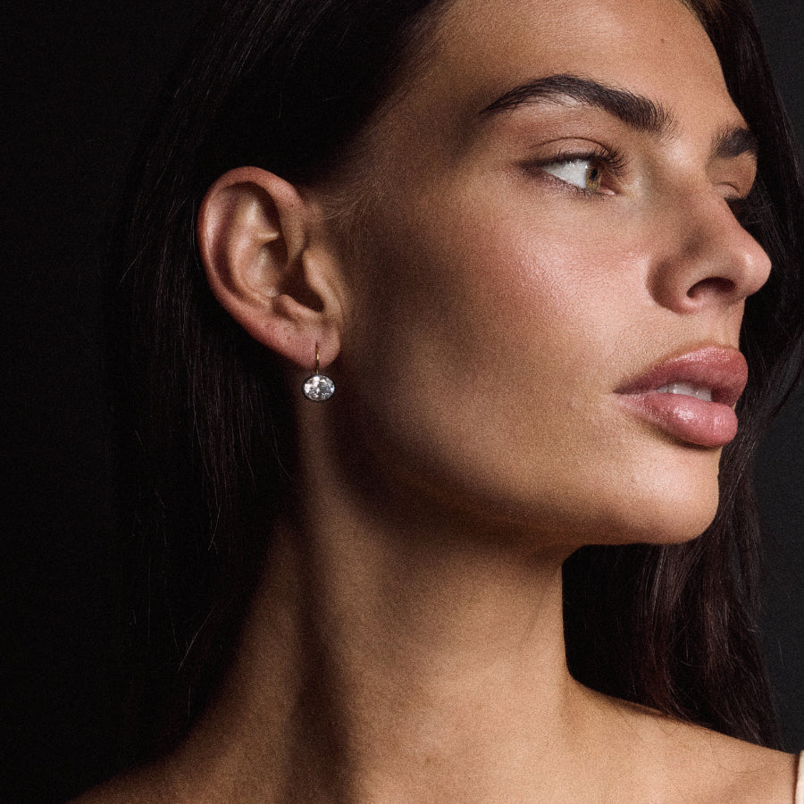 Side view of Rhodium Oval Bezel Drop Earrings showcasing an oval stone in a dark rhodium bezel on a model