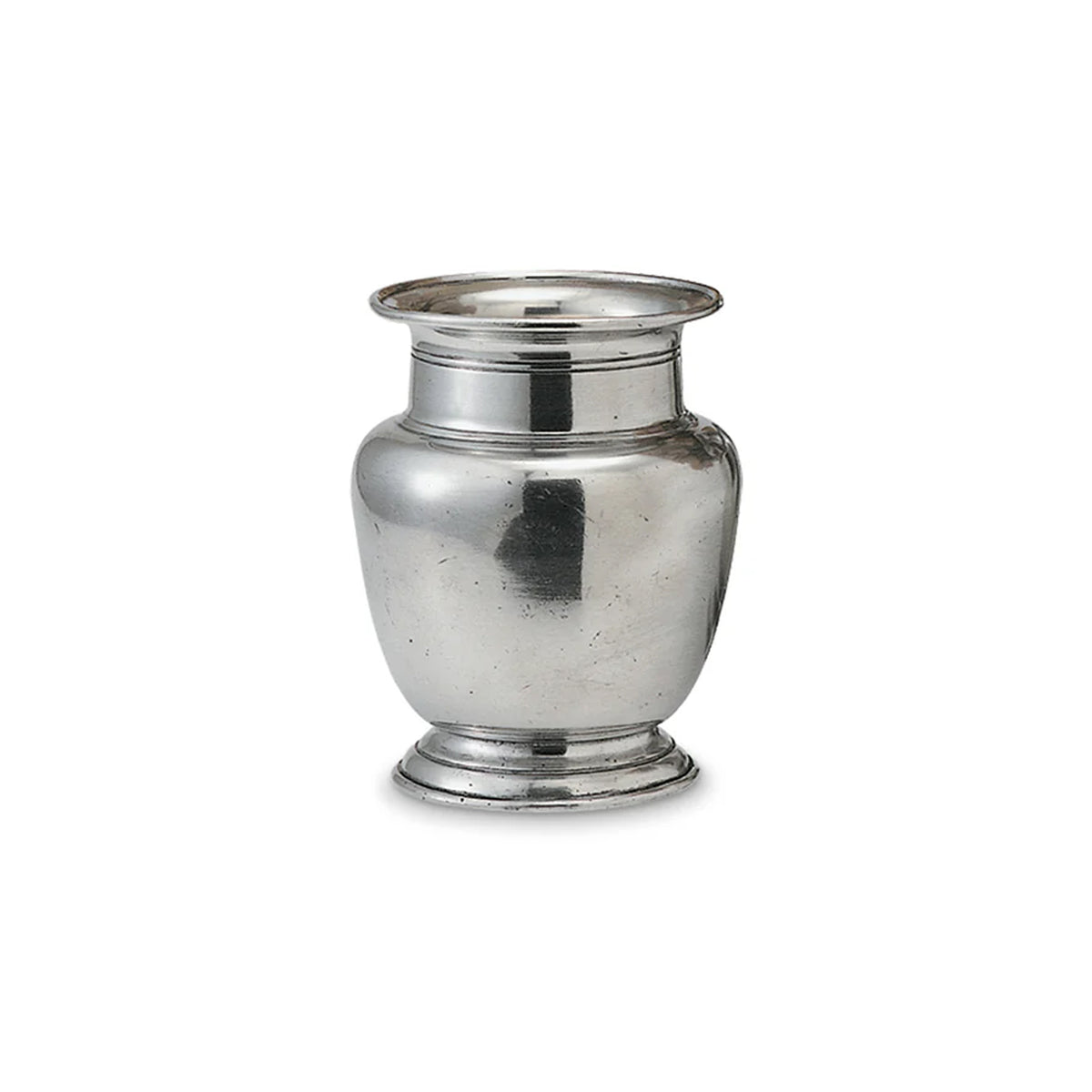 Front view of Rimmed Vase, Medium showcasing its curved pewter urn shape against a white background