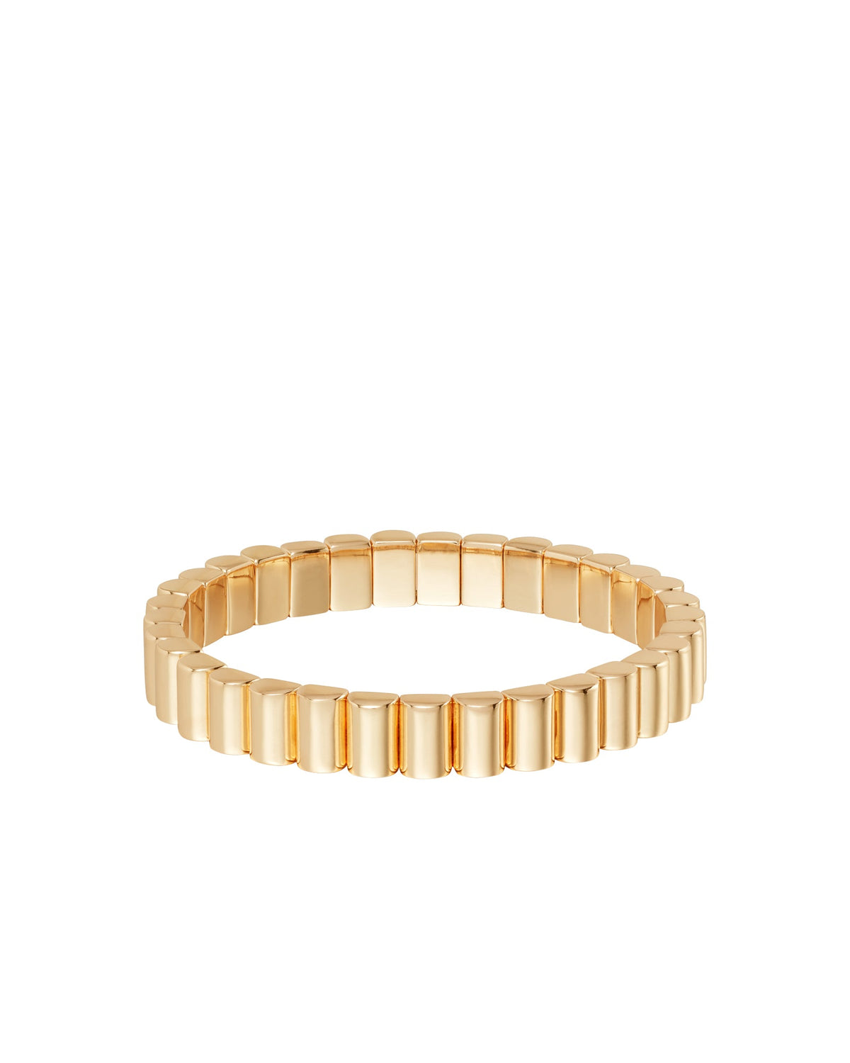 Angled view of The Ripple Bracelet showcasing gold-toned enamel pieces forming a textured stretch band on a white background