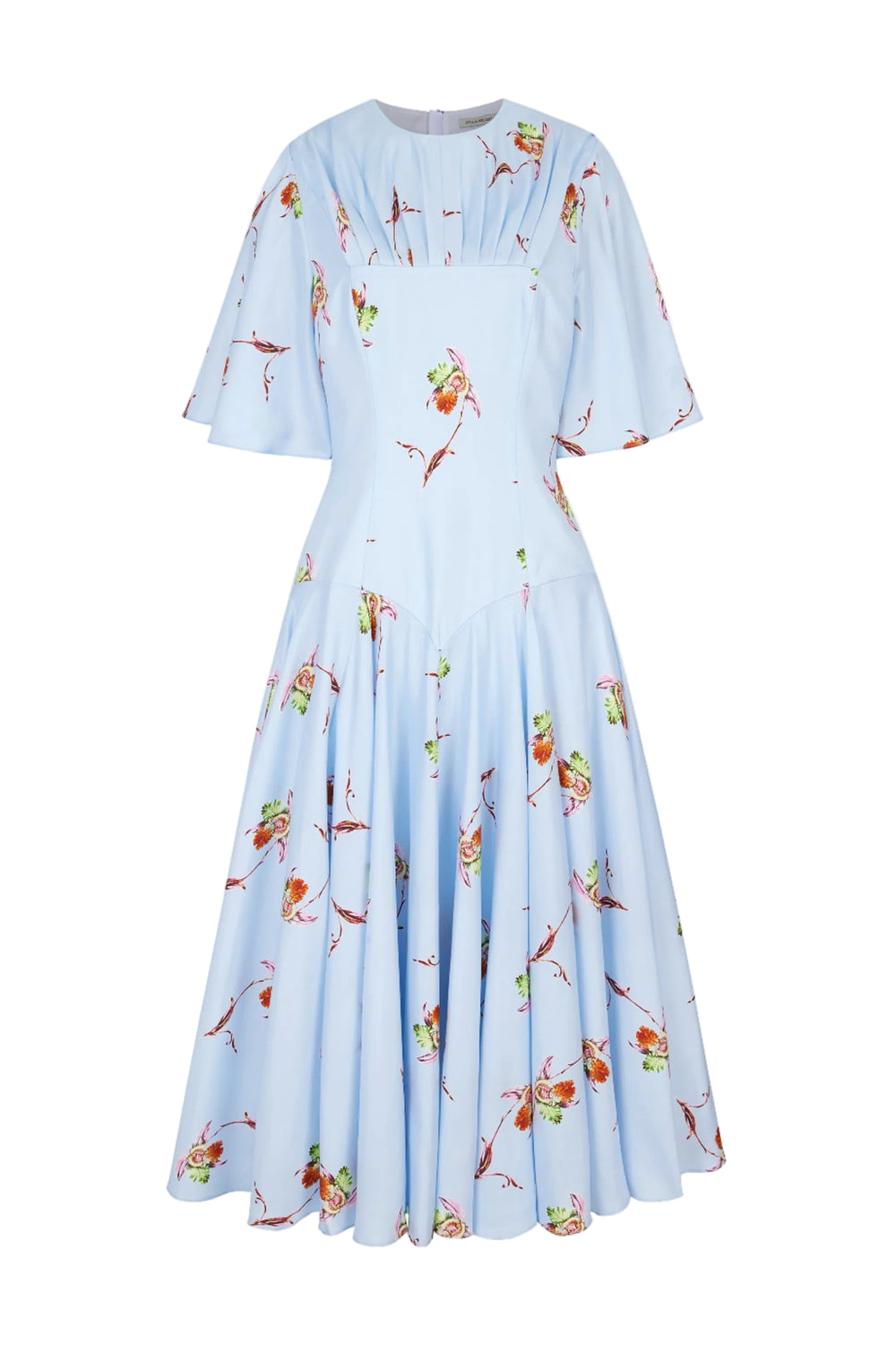 Front view of Risabelle dress in ice blue silk twill showcasing fitted bodice, flutter sleeves, and flared floral midi skirt on white background