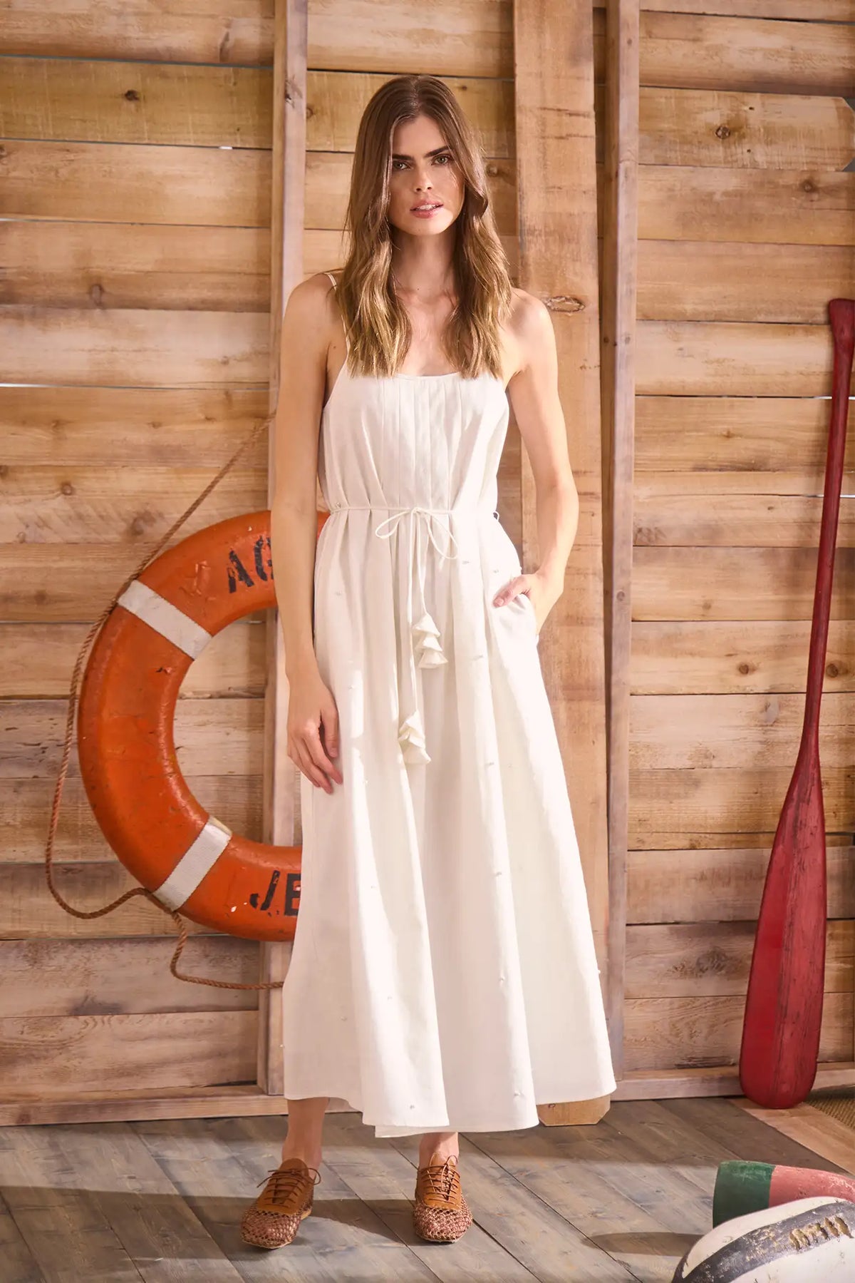 Ivory cotton-linen pearl embellished maxi dress with slim spaghetti straps and optional tie waist.