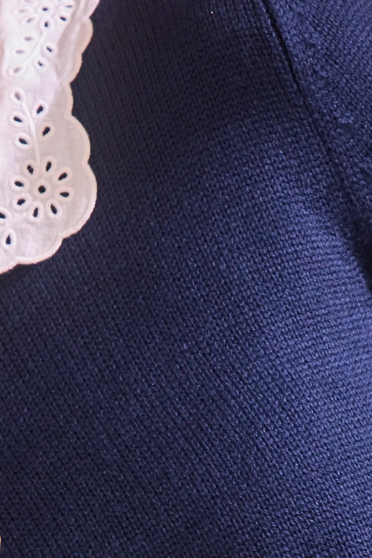 Fitted long-sleeve sweater with a delicate lace-look and eyelet-detailed collar. 