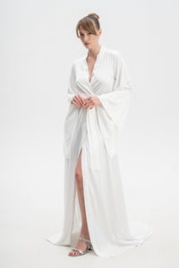 Silky Satin Robe with Train in Ivory