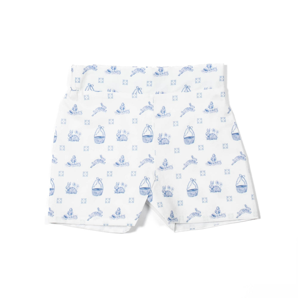 Front view of Robert shorts in Heirloom Delft showing blue toile bunny and basket print on white background