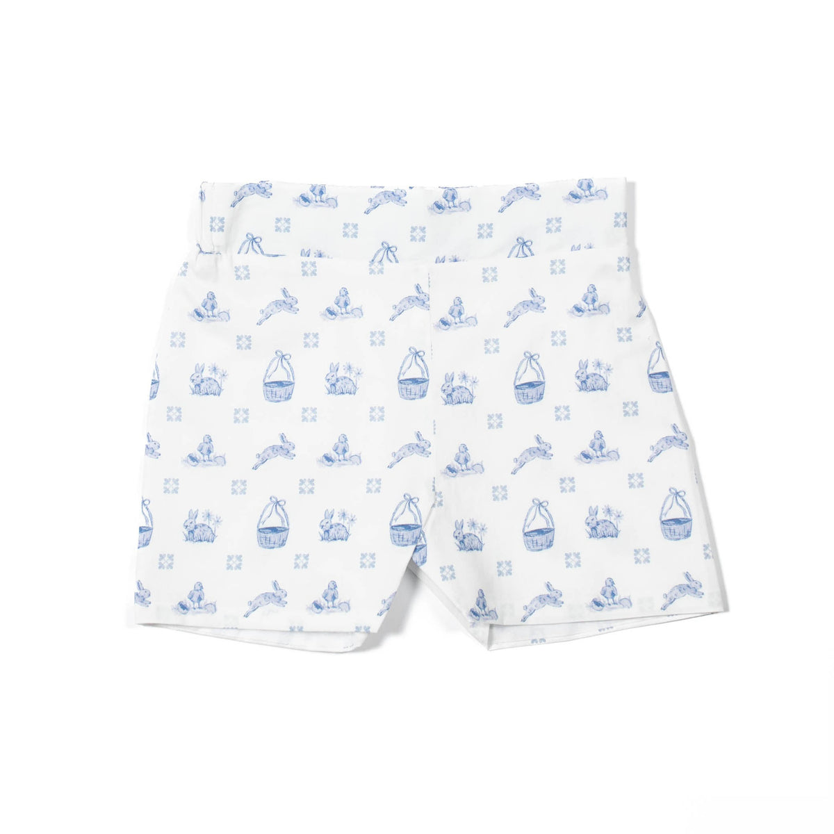 Front view of Robert shorts in Heirloom Delft showing blue toile bunny and basket print on white background