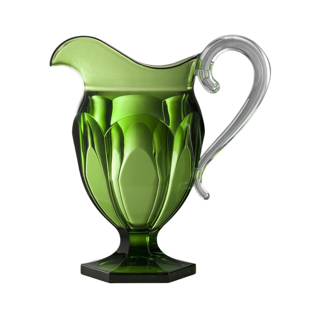 Front view of Roberta acrylic pitcher in green showcasing scalloped faceted body, clear curled handle, and hexagonal foot on white background