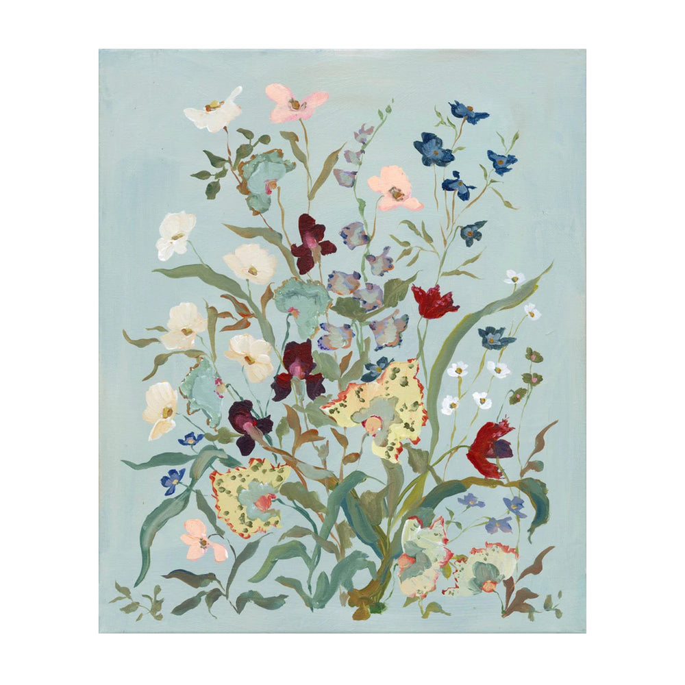 Front view of Robin’s Egg Cornucopia Print No 2 showing floral bouquet in cream, red and blue on a robin’s-egg background