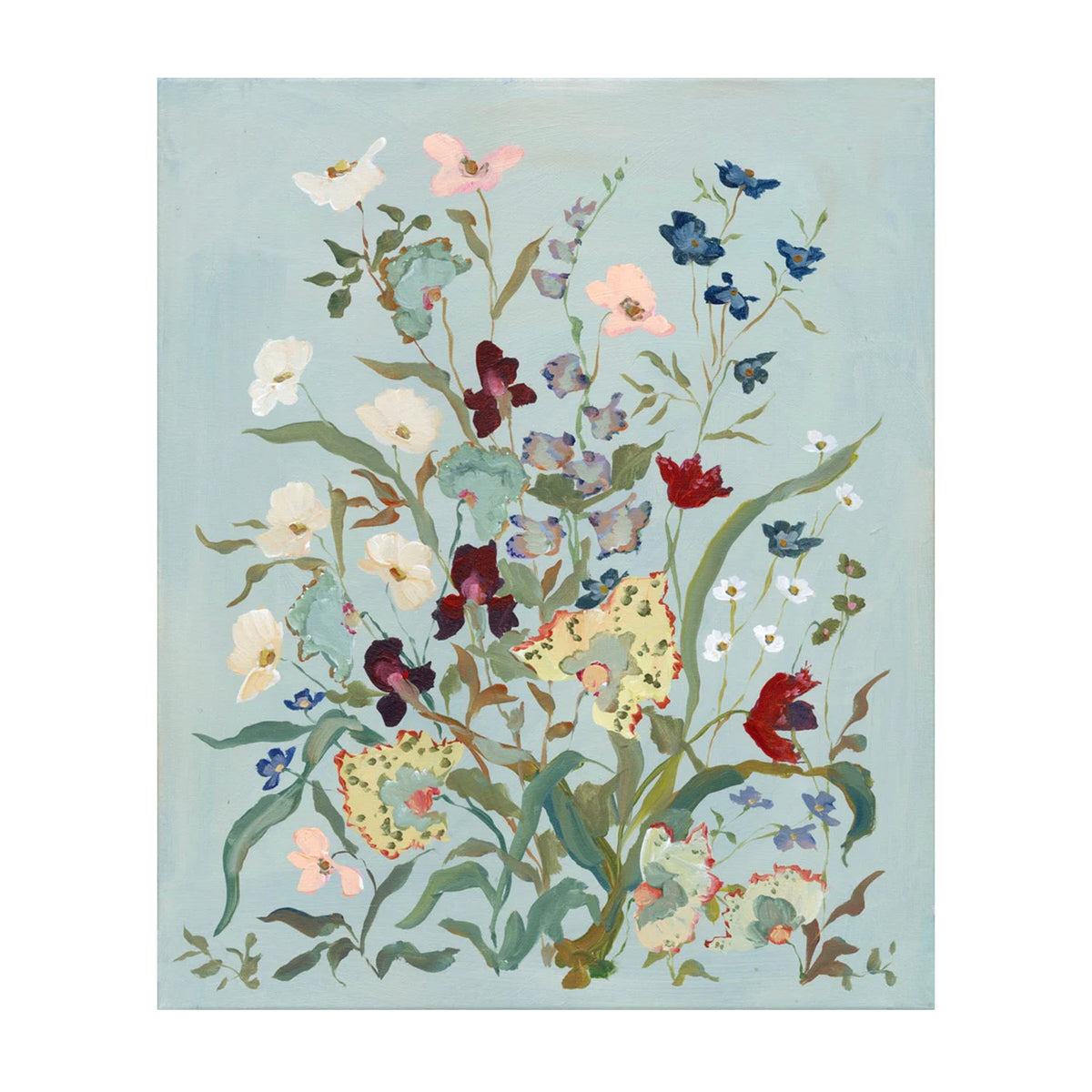 Front view of Robin’s Egg Cornucopia Print No 2 showing floral bouquet in cream, red and blue on a robin’s-egg background