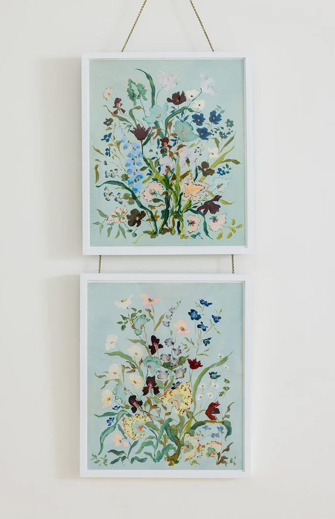 Frontal view of Robin’s Egg Cornucopia Print No. 2 showing floral bouquet on robin’s-egg blue, framed and hung on a white wall