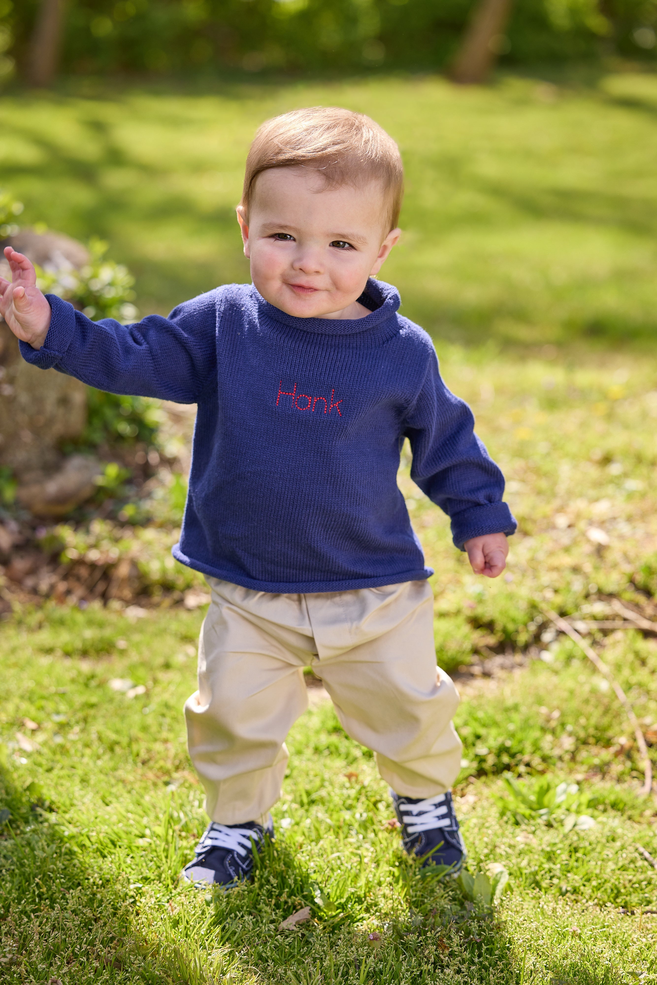 little english classic children's clothing navy roll neck sweater, banded pant in pebble twill, outfits for fall 