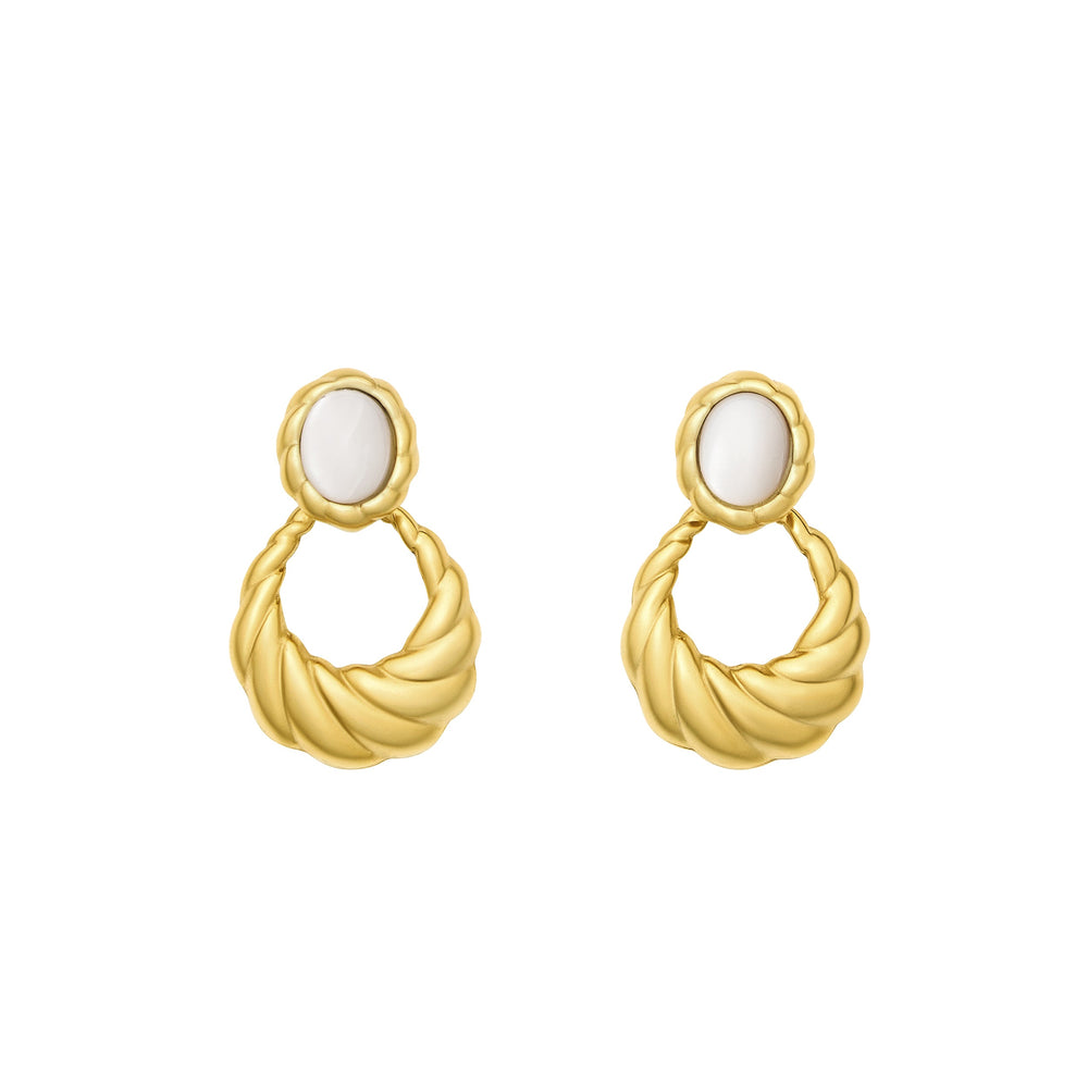 Front view of Roma earrings showing twisted gold door-knocker hoops with mother-of-pearl oval studs on white background