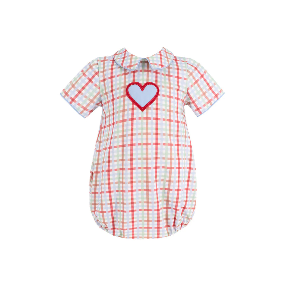 Front of Romeo Boy Bubble romper with light blue heart applique trimmed in red and Peter Pan collar with blue piping