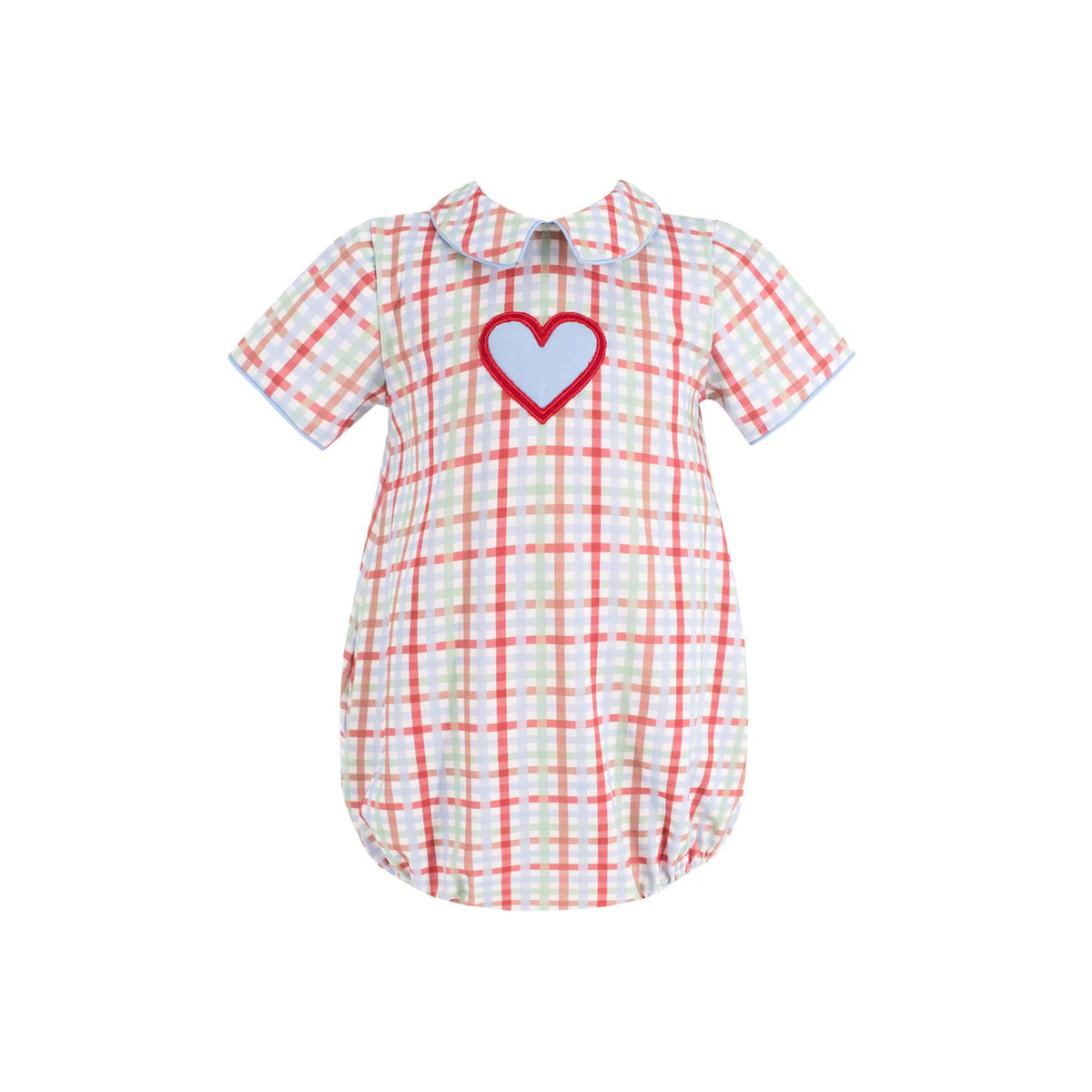 Front of Romeo Boy Bubble romper with light blue heart applique trimmed in red and Peter Pan collar with blue piping