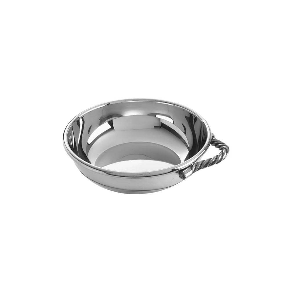 Angled view of baby porringer showcasing twisted rope handle and polished pewter finish on white background