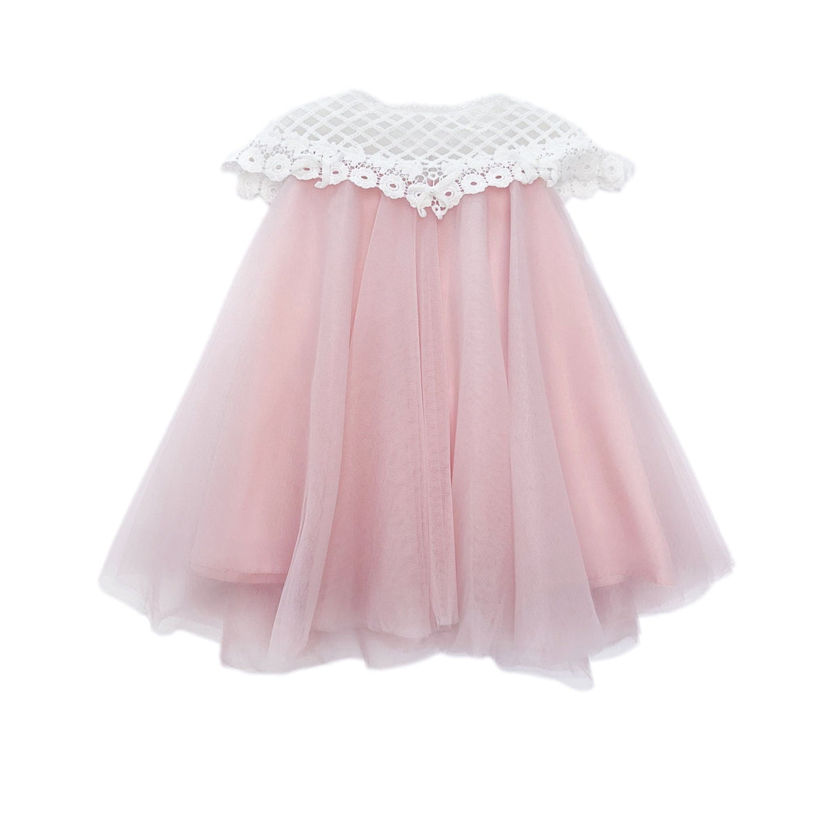 Rosa pink tulle flower dress for girls featuring a lace bodice, sweet bow details, and laser cut floral accents on the back for special occasions.